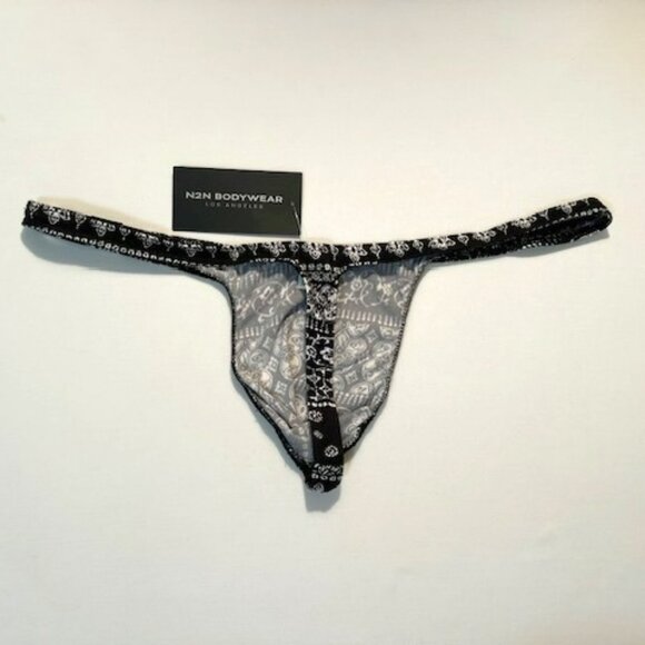 N2N Bodywear Size “M” Provence T-Back Thong- Black/White Batik Design - Picture 7 of 13